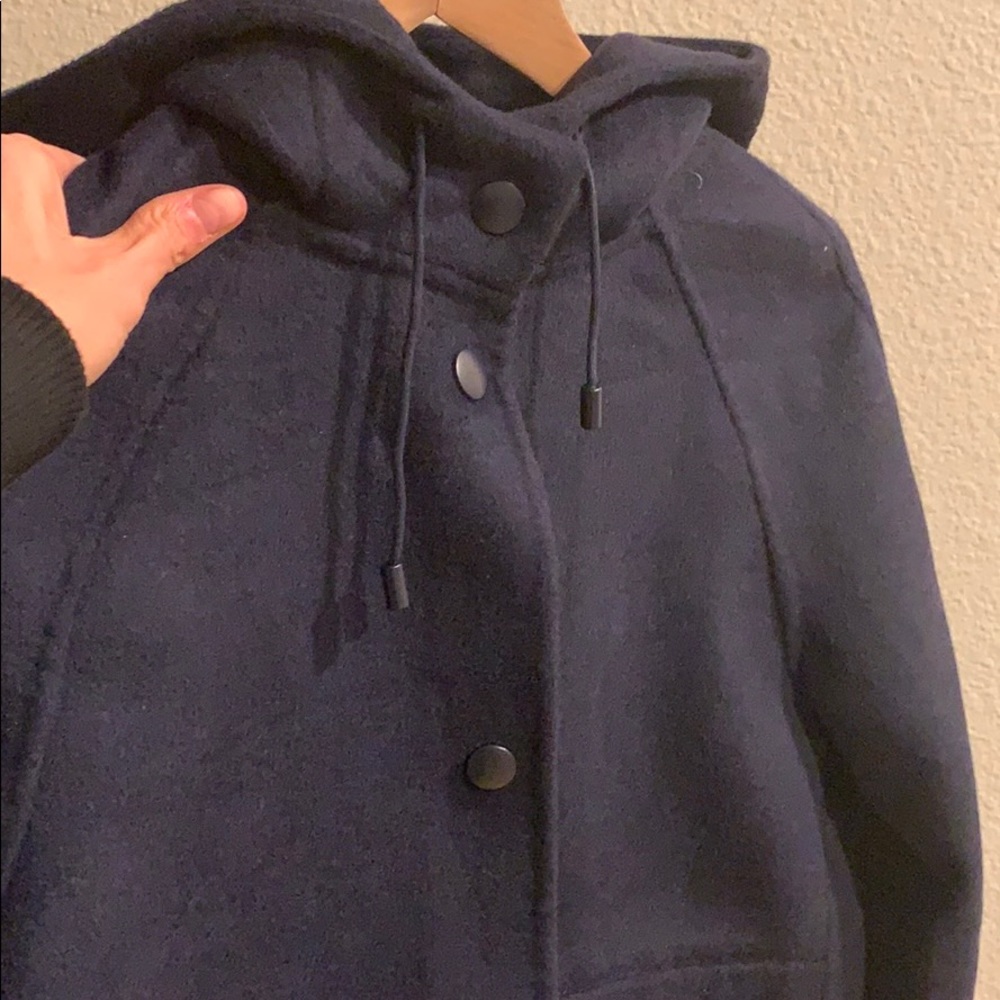 Hooded navy blue merino/cashmere coat